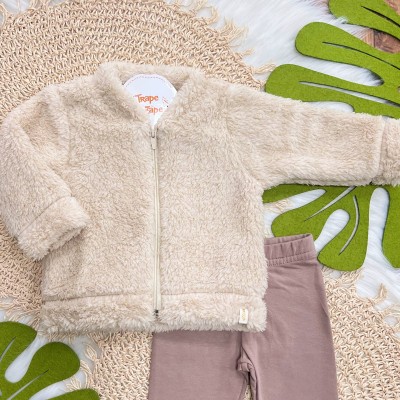 Conj. Jaqueta de Pelinho com Fios Dourados e Calça Legging - Creme e Marrom